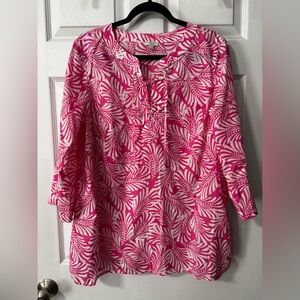Talbots Women’s Lg Tropical Tunic Top Lace-Up Neckline Cotton Pink Boho Beach